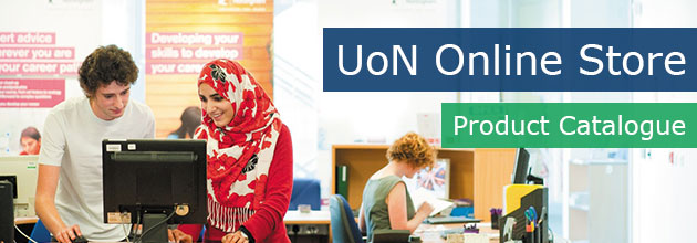 UoN Online Store Product Catalogue - image of two students stood in front of a computer terminal