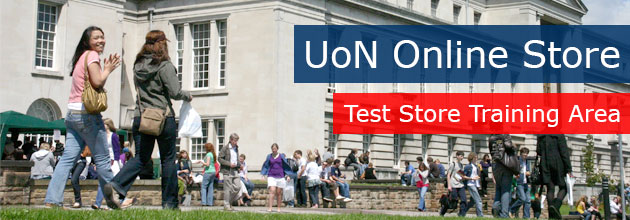 UoN Online Store - photo of smiling students walking past the front of the Trent Building