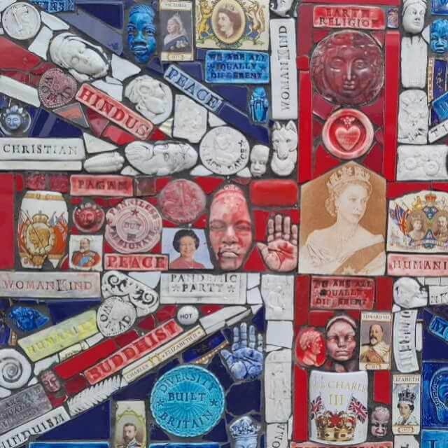 image of Union Jack made up of tiles depicting different messages of peace faith and inclusivity