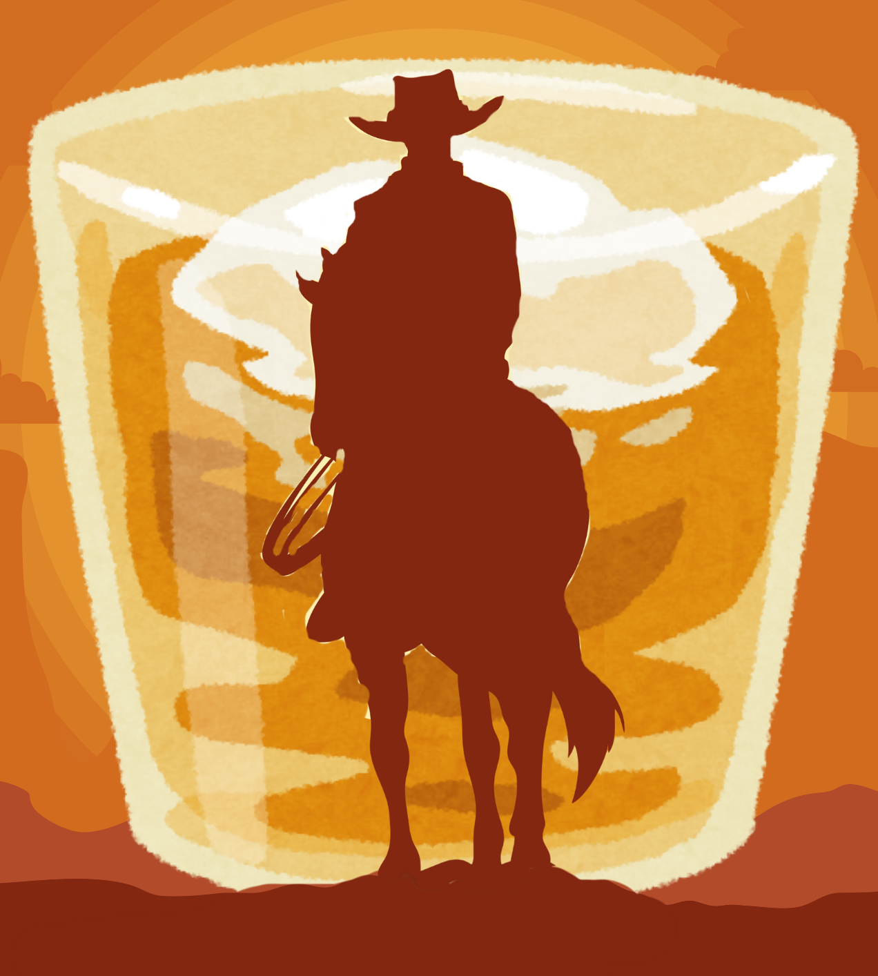 A cowboy silhouetted against a sunset