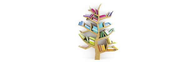 A wooden tree with books placed on the branches with white background