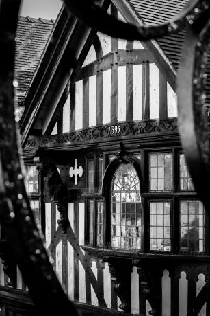 Black and white image of a medieval building 