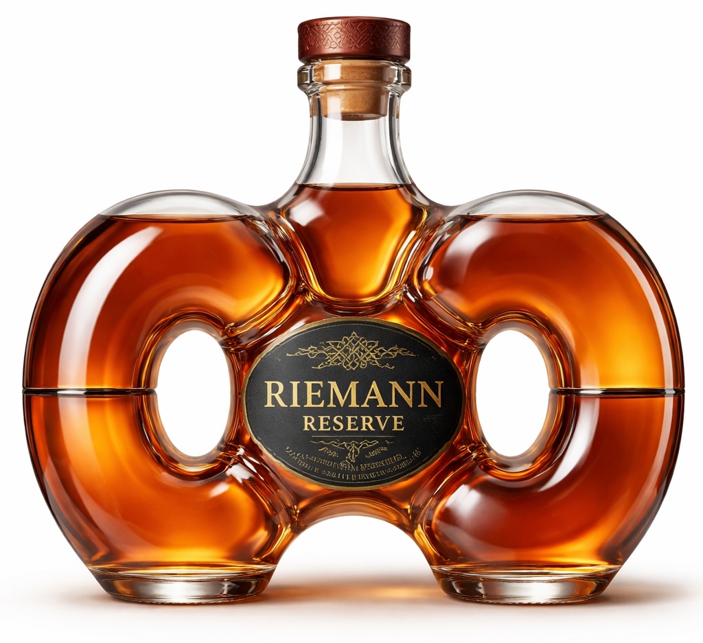 A glass bottle of Riemann Reserve whisky, featuring two rounded side chambers connected to a central
