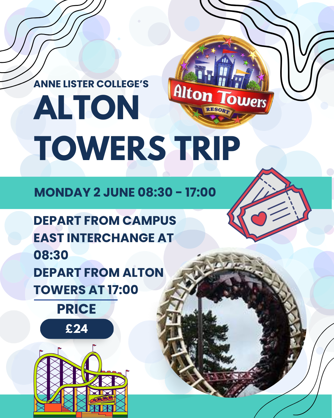 Photo of the Alton Tower logo and a rollercoaster